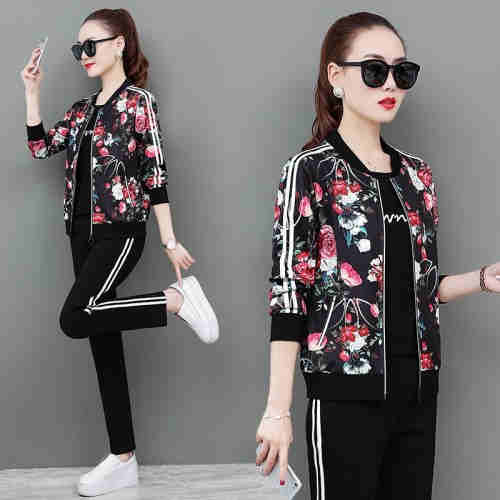 Long-sleeved casual sport suit for women fashion stand-up cardigan embroidered three-piece sport sui
