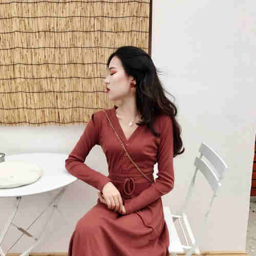 European station temperamental feminine dress 2020 autumn new style waist band over the knee high co