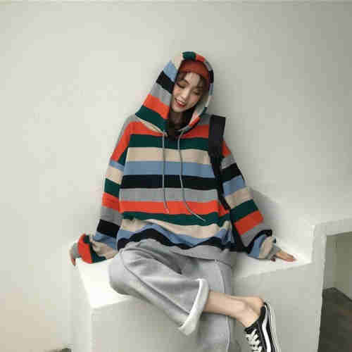 Hoodie girl spring autumn new Korean version languid lazy style student loose BF stripe hoodie long 
