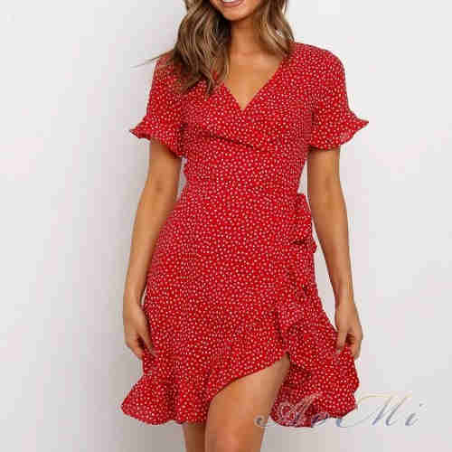 Red Sexy V Neck Floral Print Self Tie Wrap Dress Mini Dress Women Boho Ruffle Hem Flare Sleeve Summe