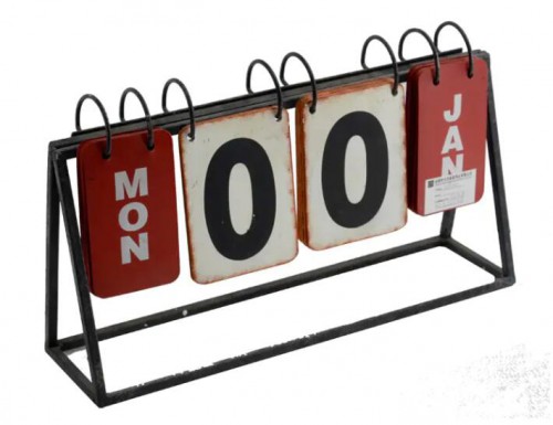 Metal & plywood desk top calendar, flip over Perpetual calendar, metal stand, corner distressed 