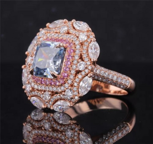 8×8mm Asscher Cut Blue Diamond Color Moissanite 10K Rose Gold Engagement Ring